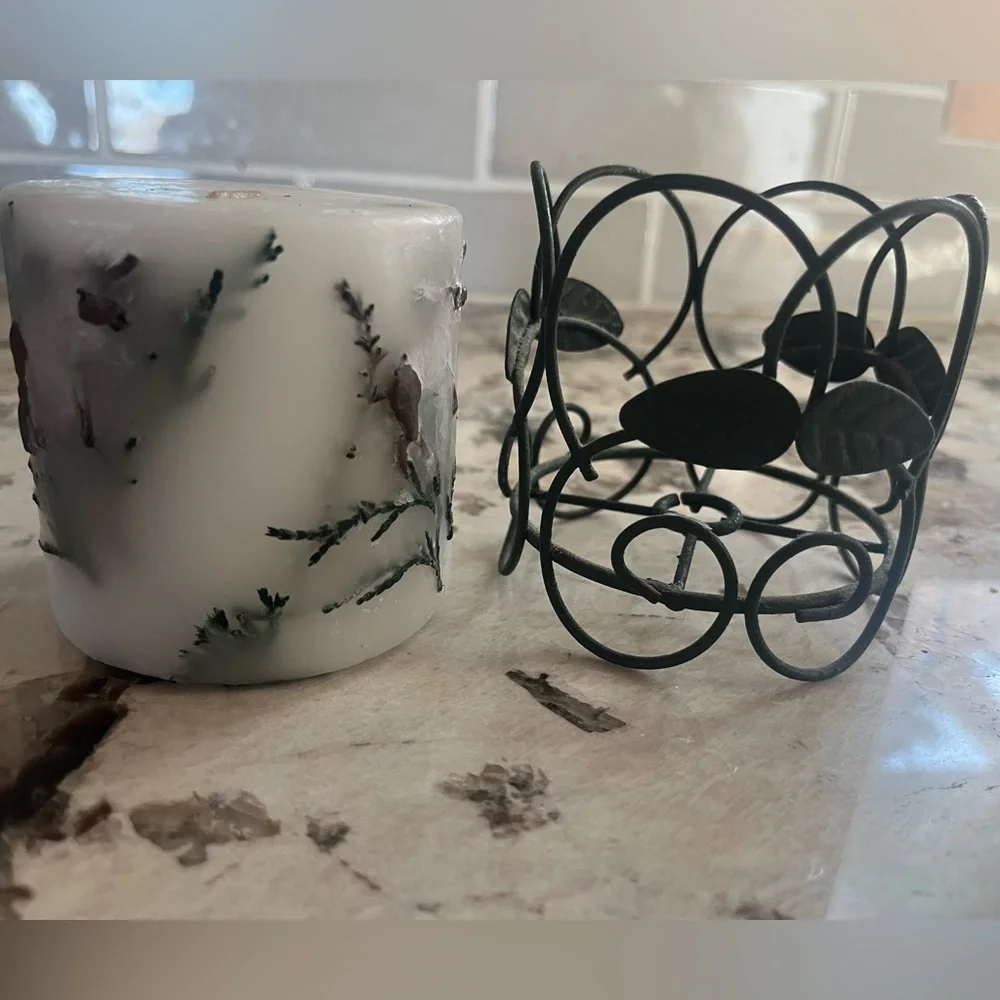 Decorative White Candle with Moose and greenery embedded & Green Leaf Holder.
